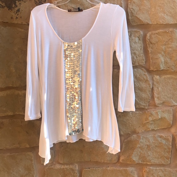 BCBGMaxAzria Tops - BCBGMAXAZRIA Silk Sequins Top Long Sleeves White